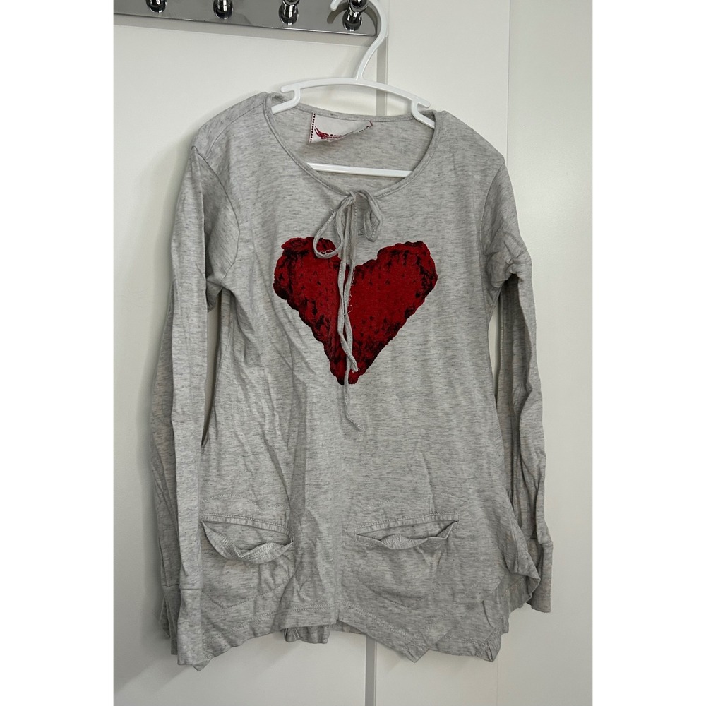 Paper Wings Girls Size 8 Organic Cotton Heart Graphic Tunic Top Grey Long Sleeve